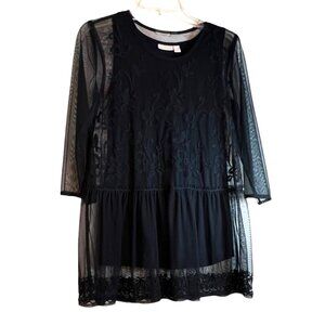 LOGO Lavish Black Sleeveless Cotton Tank w/Sheer Black Lacy Overlay, Size XXS